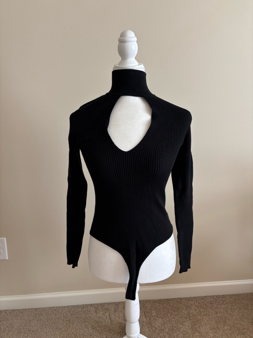 bebe Black Ribbed Cutout Mock Neck Bodysuit